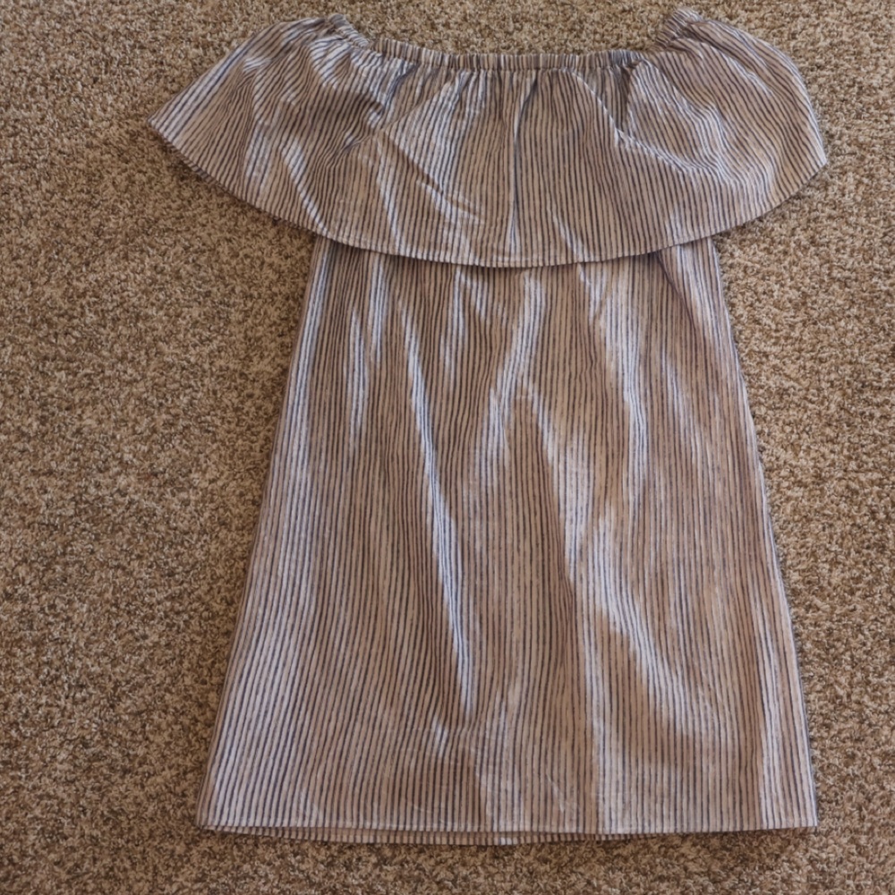 J. Crew Blue and White Striped off the shoulder dress